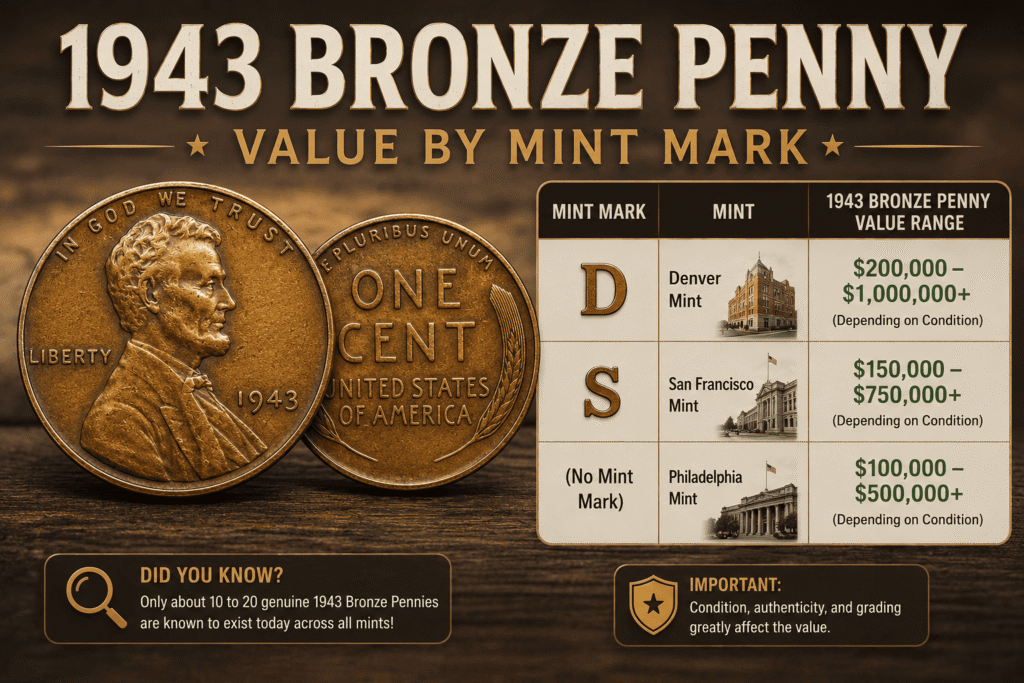 1943 Bronze Penny Value by Mint Mark